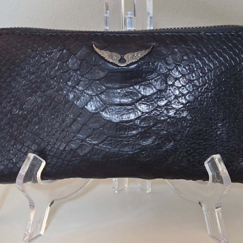 Zadig & Voltaire Compagnon Savage Black Embossed Snake Print Leather Zip Wallet